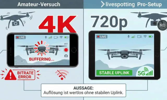 Vergleich: Amateur-Drohne mit 4K-Auflösung und Pufferung vs. Pro-Setup mit 720p und stabilem Uplink. Die dji reichweite ist entscheidend.