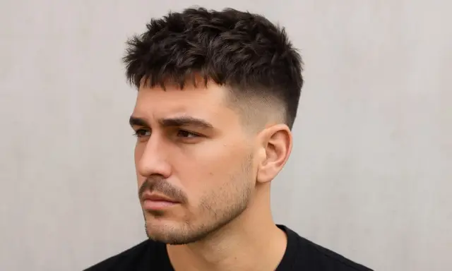 Mann mit modernem French Crop Haarschnitt, kurz geschorenen Seiten und einem leichten Bart.