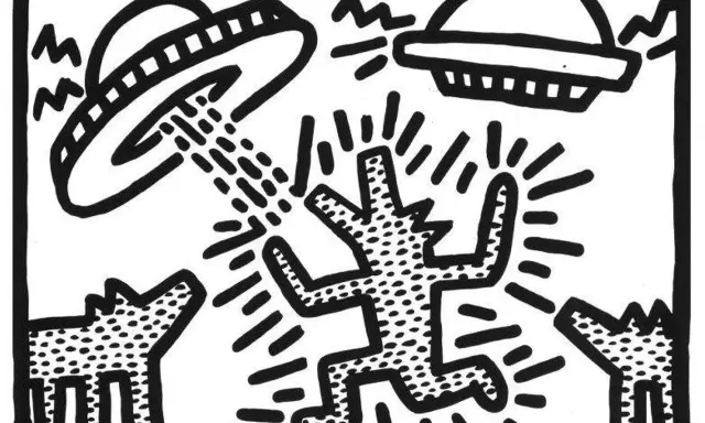 Keith Haring's iconic dog figures are caught in a UFO abduction, a playful yet thought-provoking scene.