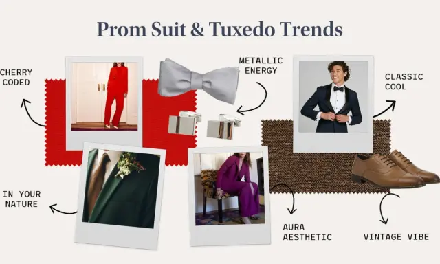 Prom suit and tuxedo trends: bold red, deep green, and purple suits, a classic navy tux, metallic accessories, and brown shoes.