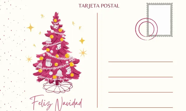 Tarjeta postal navideña para imprimir con un árbol rosa decorado y estrellas. Ideal para enviar tus mejores deseos.