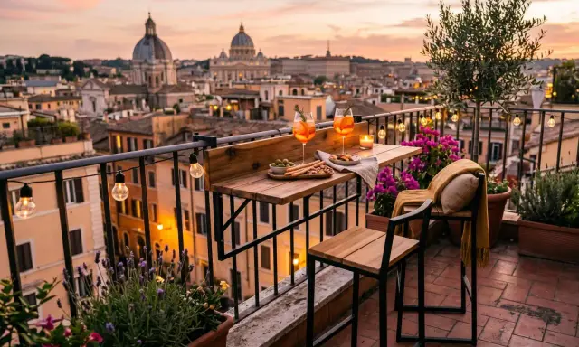 Terrazzo con vista su Roma al tramonto, due aperitivi, stuzzichini e luci soffuse. Perfetto per idee terrazzo romantiche.