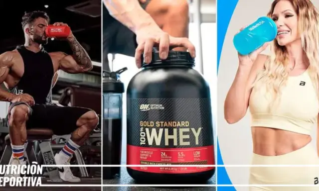 Hombres y mujeres consumiendo proteína antes o después de entrenar. Un hombre bebe de un shaker, otro sostiene un bote de proteína, y una mujer bebe de un shaker azul.
