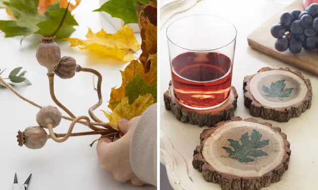 Création d'une décoration d'automne avec des coquelicots séchés et une feuille morte. À côté, des sous-verres en rondins de bois ornés de feuilles.