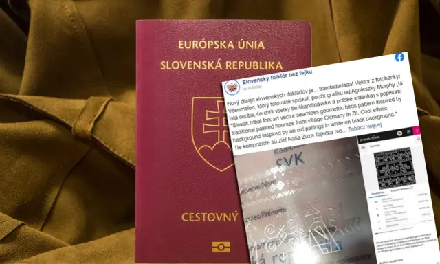 Czerwony paszport Słowacji leży na brązowym tle, obok niego znajduje się fragment ekranu z informacją o wzorze paszportu.