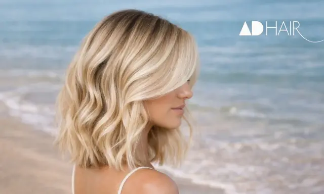 Capelli biondi mossi, perfetti per un look summer cool in riva al mare.