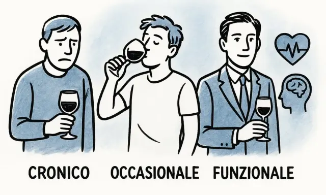Tre uomini con bicchieri di vino: uno triste (cronico), uno che beve (occasionale), uno in giacca e cravatta con simboli di salute (funzionale). Le scuse di un alcolista.