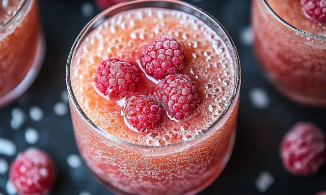 Une coupe de soupe de champagne originale, garnie de framboises givrées et pétillante.