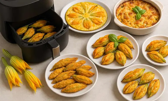 Fiori di zucca in friggitrice ad aria, dorati e croccanti, pronti per essere gustati. Un piatto leggero e saporito.