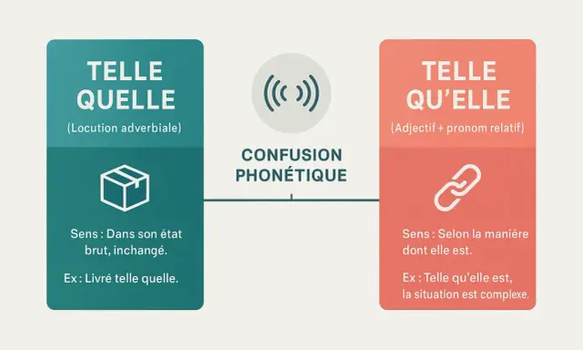 Deux blocs expliquent la différence entre "telle quelle" (locution adverbiale) et "telle qu'elle" (adjectif + pronom relatif), illustrant la confusion phonétique.