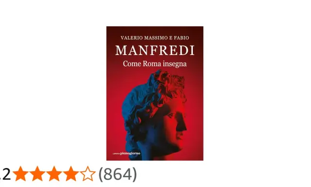 Copertina del libro "Come Roma insegna" di Valerio Massimo Manfredi, con un busto classico illuminato da luci rosse e blu.