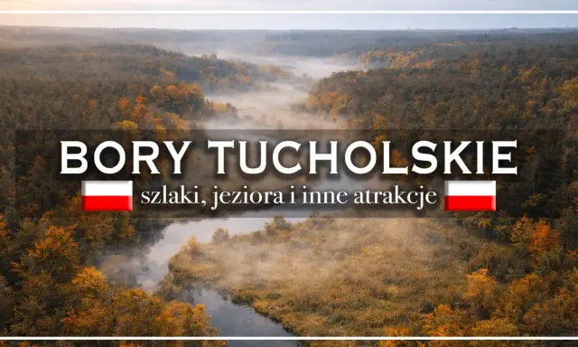 Mglisty poranek nad rzeką w **Borach Tucholskich**. Jesienne drzewa otulone mgłą, zapraszają do odkrywania szlaków i jezior.