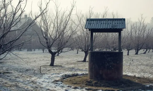 Zimowy sad z opuszczoną studnią, która może symbolizować karę za nielegalną studnię głębinową.