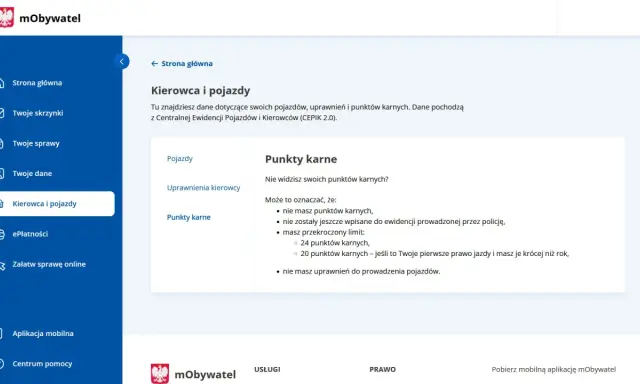 Gdzie sprawdzić punkty karne? Na stronie "Kierowca i pojazdy" w aplikacji mObywatel znajdziesz informacje o swoich punktach karnych z CEPIK.