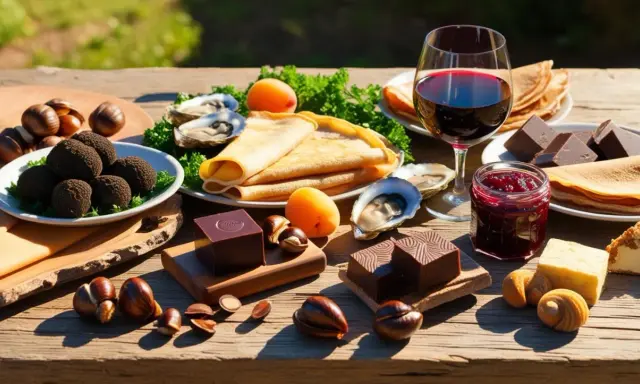 Un festin de saveurs françaises : huîtres, crêpes, marrons, chocolat et vin rouge, un plat typique français par région.