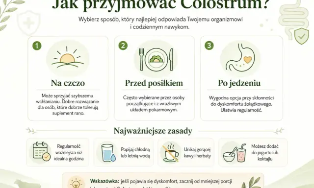 Jak przyjmować colostrum? Na czczo, przed lub po posiłku. Regularność ważniejsza niż godzina. Unikaj gorącej kawy. Dodaj do jogurtu.