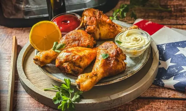 Saftige drumsticks aus dem Airfryer, serviert mit Ketchup, Mayonnaise und Zitrone. Perfekt für einen leckeren Snack!