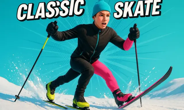 Ungdom åker skate-skidor, med texten "CLASSIC SKATE". En bra fråga är hur långa skidor man ska ha för att åka fort.