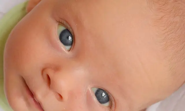 Occhi azzurri di neonato, pelle chiara, con un leggero alone giallo ittero che non preoccupa.