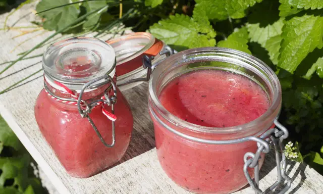 Två glasburkar med hemgjord rabarbermarmelad står på en träbänk utomhus, omgivna av gröna blad.