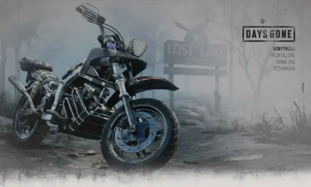 Motocykl z gry Days Gone, gotowy do drogi. Menu gry oferuje opcje kontynuuj, wczytaj grę, nowa gra i ustawienia. To świetny poradnik dla graczy.