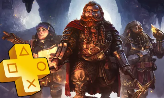 Trzech krasnoludów w zbrojach, z brodami i w jaskini. Obok żółte logo PlayStation Plus, zapowiadające gry na marzec.