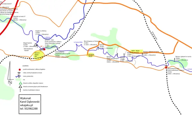 Mapa szlaku kajakowego na Podkarpaciu z zaznaczonymi punktami wodowania, bystrzami i miejscami biwakowymi.