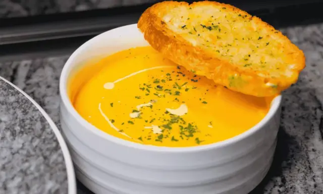 Bol de soupe orange crémeuse garni d'herbes et d'une tranche de pain à l'ail.
