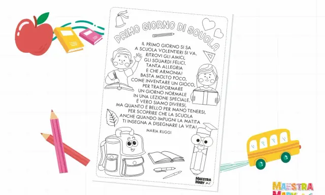 Pagina da colorare con una filastrocca del nuovo anno scolastico, con bambini, libri, matite, zaino e scuolabus.