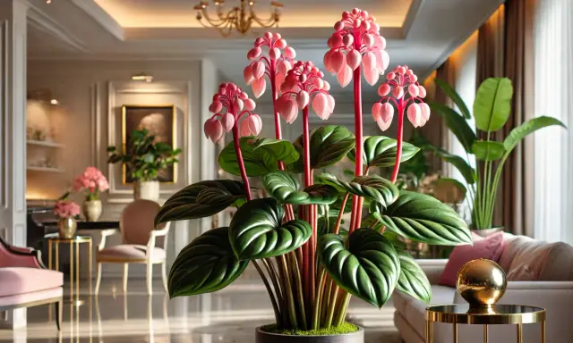 Kwiat medinilla z różowymi kwiatostanami i dużymi, zielonymi liśćmi w eleganckim wnętrzu.