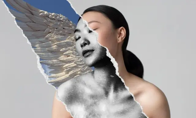 A torn collage reveals an Asian woman's face and body, with a feathered wing and sky on the left. One of the best portraits.
