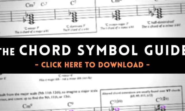 Fragment nut z akordami i tekstem "THE CHORD SYMBOL GUIDE - CLICK HERE TO DOWNLOAD".