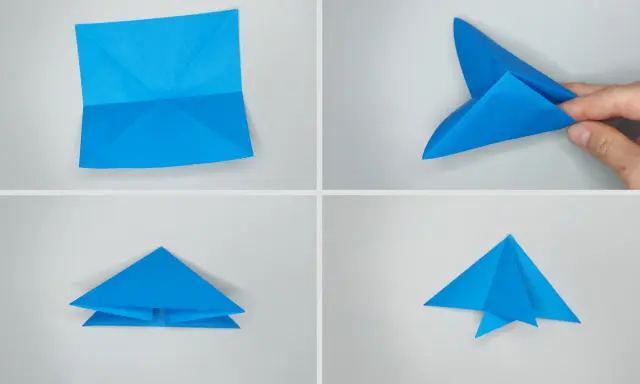 Pasos para papiroflexia para niños: un avión de papel azul se pliega en cuatro etapas.