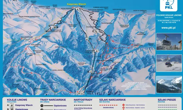 Mapa tras narciarskich w rejonie Kasprowego Wierchu. Pokazuje szlaki, wyciągi i punkty widokowe.