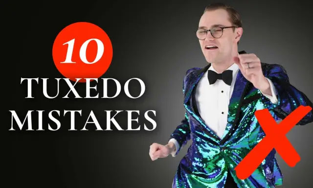 Man in a sparkly tuxedo jacket with a red X, illustrating what to wear to a black tie event and common tuxedo mistakes.