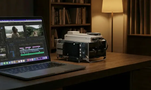 Un ordinateur portable affiche un logiciel de montage vidéo. À côté, un appareil complexe, peut-être un NAS, est connecté.