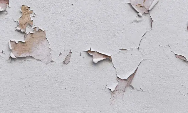 Texture d'un mur où la peinture se décolle comme du plastique, révélant des couches anciennes et la texture du plâtre.