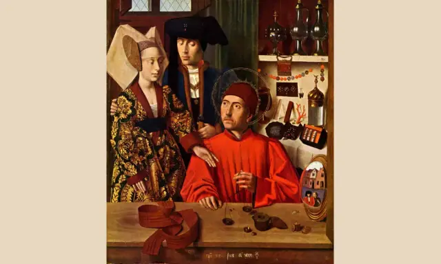Święty Eligiusz, patron mechaników i złotników, w otoczeniu pary. Na stole wagi i biżuteria.