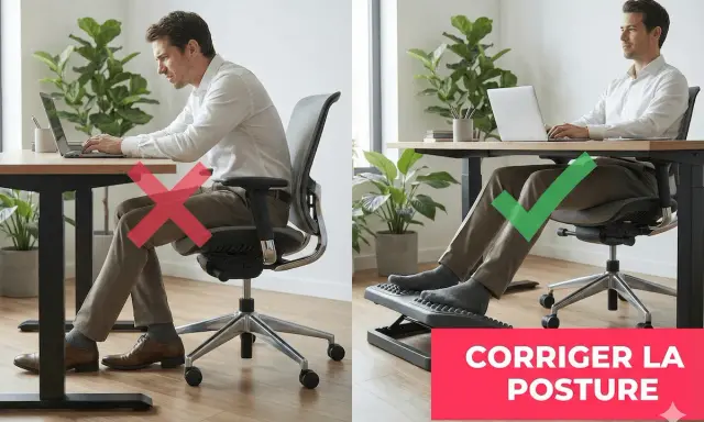 Un homme travaille à un poste de travail. La partie gauche montre une mauvaise posture, la droite une bonne posture avec repose-pieds.