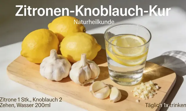 Zitronen-Knoblauch-Kur: Ein Glas Wasser mit Zitrone, Knoblauchzehen und gehacktem Knoblauch. Ein einfaches Rezept für Wohlbefinden.