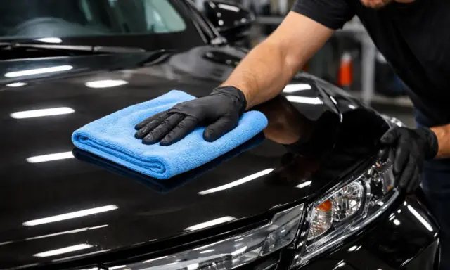 Mężczyzna w czarnej rękawiczce poleruje czarny lakier auta niebieską mikrofibrą. Czy po woskowaniu płukać auto? To pytanie zadaje sobie wielu kierowców.
