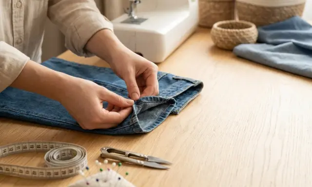 Händer syr i ett par jeans. Symaskin, måttband och korgar syns i bakgrunden. Perfekt för att sy byxor med resår.