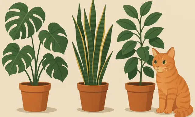 Trzy rośliny doniczkowe i rudy kot. Czy aglaonema jest trująca? Nie w tej ilustracji, kot jest bezpieczny.