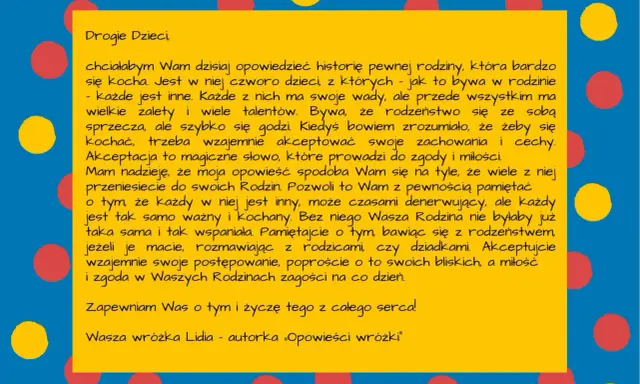 Żółty prostokąt z tekstem na niebieskim tle z kolorowymi kropkami.