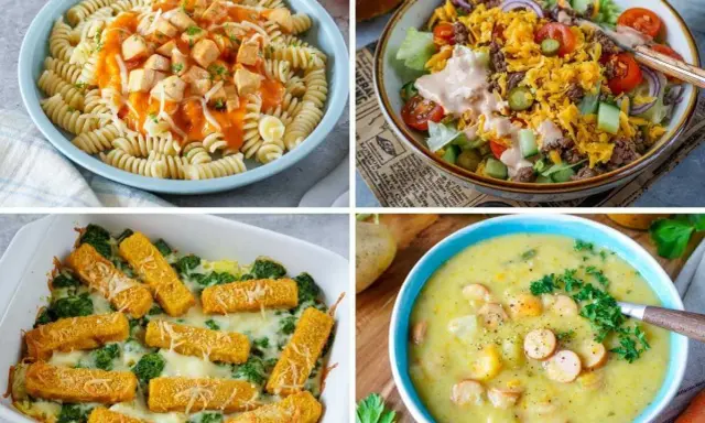 Vier leckere Gerichte: Pasta mit Soße, Salat mit Hackfleisch, Auflauf mit Fischstäbchen und Gemüse, und eine cremige Kartoffelsuppe. Was koche ich heute?
