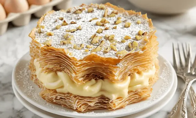 Deliciosa tarta árabe de capas crujientes y crema pastelera, espolvoreada con azúcar glas y nueces.