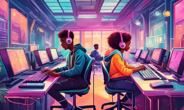 Deux jeunes créent de la musique avec un logiciel musique gratuit dans un studio futuriste aux néons roses et bleus.