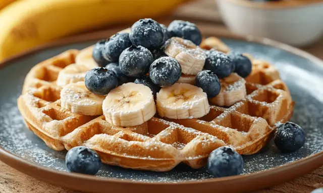 Goldbraune Bananenwaffeln mit Blaubeeren und Bananenscheiben, bestäubt mit Puderzucker. Ein köstlicher Genuss!