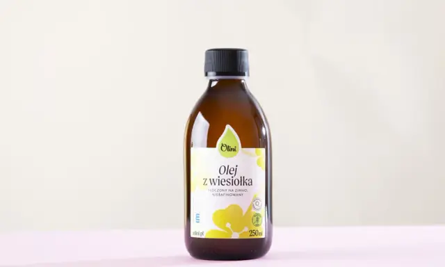 Olej z wiesiołka Olini, tłoczony na zimno, nierafinowany. Wspiera zdrowie skóry i łagodzi objawy PMS. 250 ml.