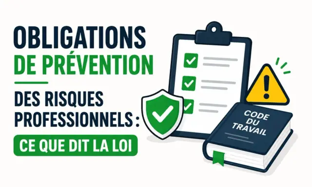 Obligations de prévention des risques professionnels : un tableau de bord, un bouclier, un panneau d'avertissement et le Code du travail illustrent la loi.